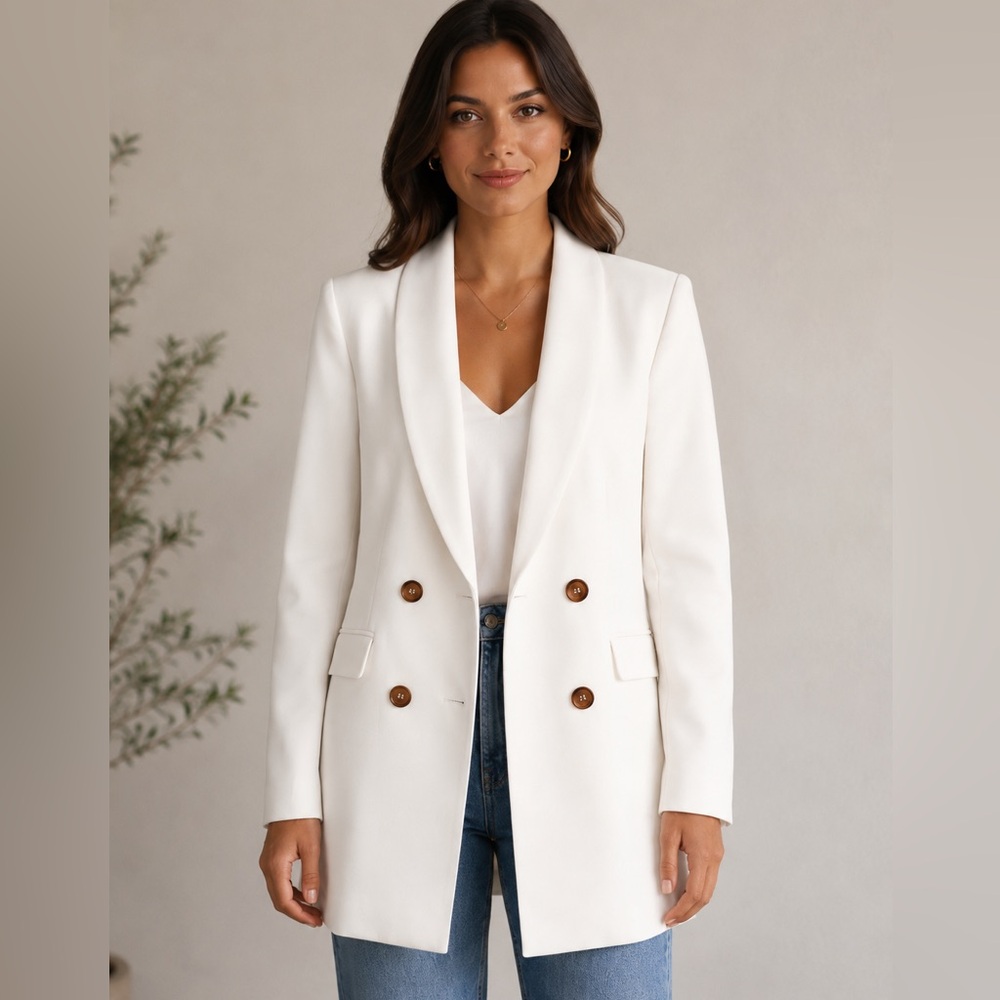 Zara White Double-Breasted Long Blazer with Brown Buttons